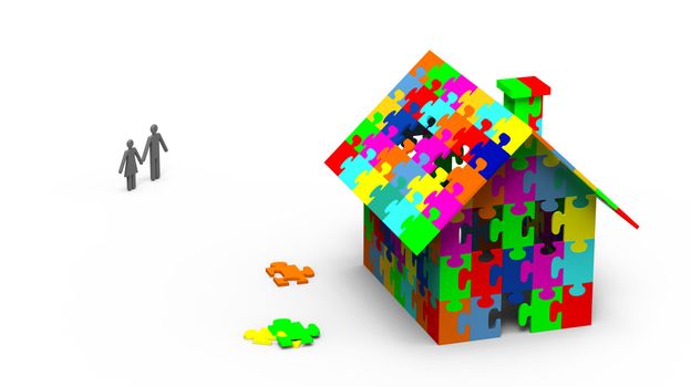 House built out of colorful puzzle pieces, 3d render