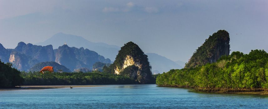 Mountains on the shores of the bay in Krabi in Thailand