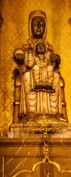 Black Madonna and Baby Jesus Sculpture Gothic Catholic Barcelona Cathedral Basilica Catalonia Spain.  Built in 1298.