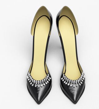 Black patent leather women's high heels closeup on a light background