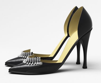 Black patent leather women's high heels closeup on a light background