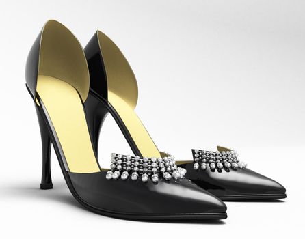 Black patent leather women's high heels closeup on a light background
