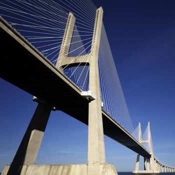 part of Vasco da Gama bridge in Lisbon, view from below