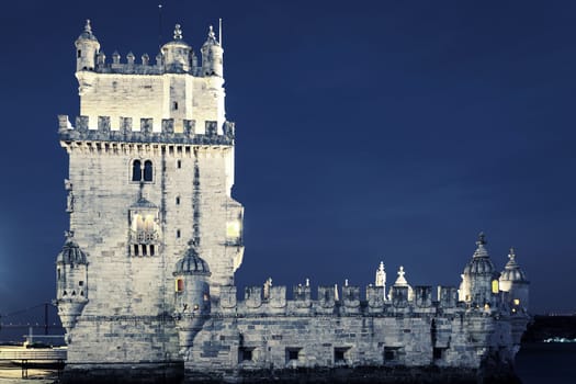 famous Tower of Belem by night. Lisbon, Portugal. 