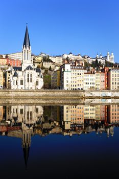 view of Lyon with church and Saone River in France 