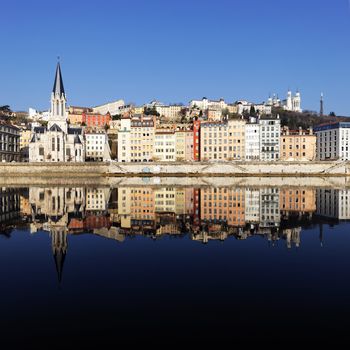 view of famous Lyon and Saone River in France 