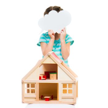 girl with a toy house holding cloud talk