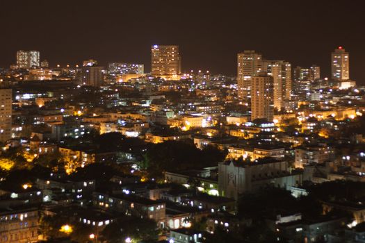 Aerial view at night of modern quarter of Vedado in Havana, Cuba.