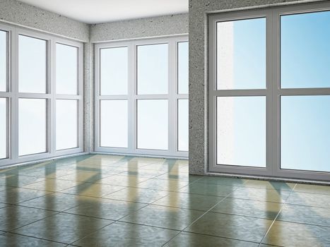 The empty room with big panoramic window