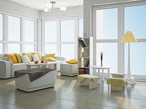 Livingroom with furniture  near the panoramic window