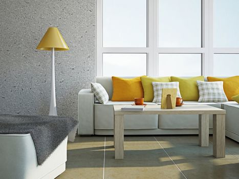 Livingroom with furniture  near the panoramic window