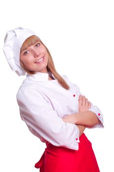 attractive female chef, stands with his arms crossed