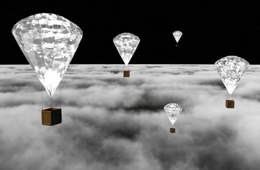 a group of five hot-air balloons which have a giant diamond instead of the classic balloon, are flying over clouds lighted by the moonlight in the night