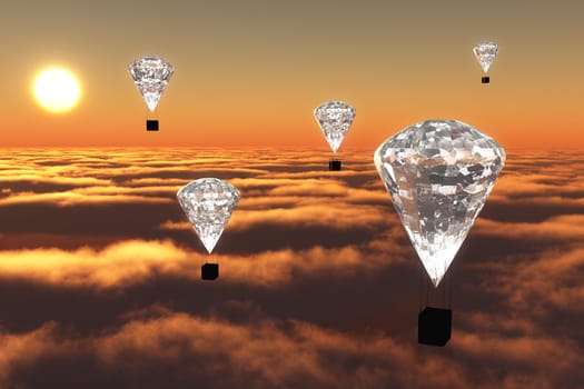 a group of five hot-air balloons which have a giant diamond instead of the classic balloon, are flying over clouds in the red colour of twilight with the sun on background