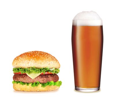 Hamburger with beer over white background