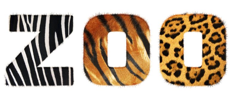 Zoo word from fur alphabet. Isolated on white background. With clipping path.