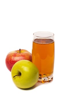 glass of apple juice and apples isolated on white