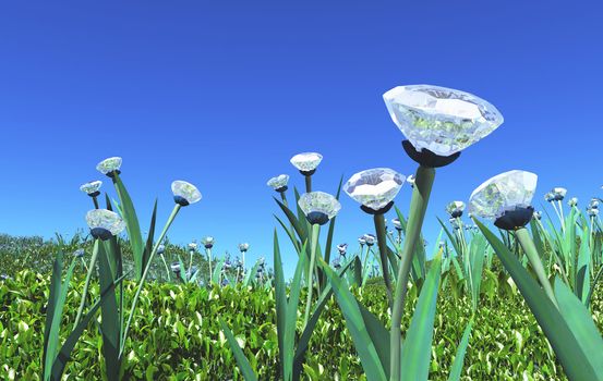 a view of a small hill covered of many plants with diamonds instead of flowers between the common grass green, and a blue sky on the background