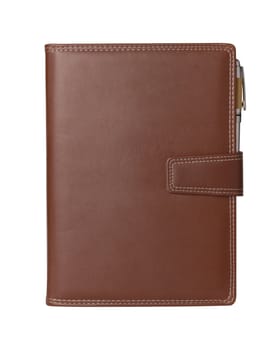 Leather notebook and pencil on white background.