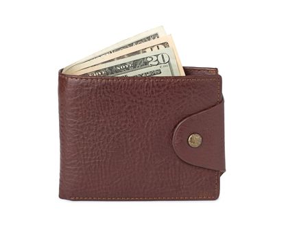 brown leather wallet with money isolated on white background