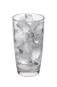 photo of empty glass with ice cubes on white background