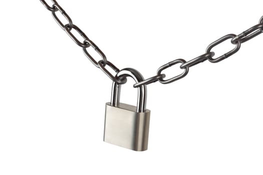 Key lock locked with a chain, clipping path