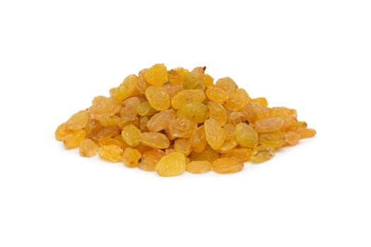 Yellow raisins isolated on white background, with clipping path