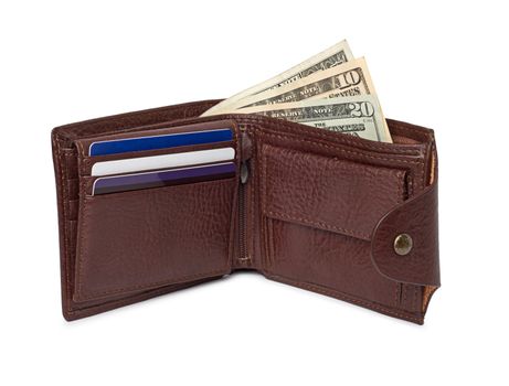 brown leather wallet with money isolated on white background