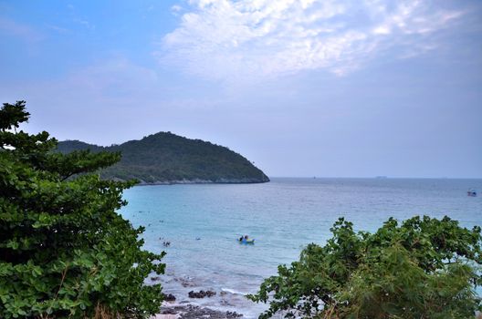 Si Chang island in Thailand. Travel by sea. Sea and sky blue colors. 