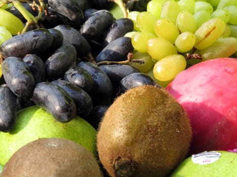 A background of different fresh fruits like yellow grapes, kiwi, apple and black grapes.                               