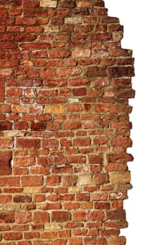 red and old brick wall with isolated side on white background