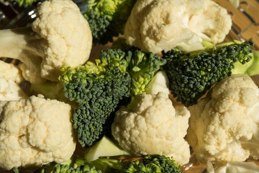 Close-up of cauliflower and broccoli
