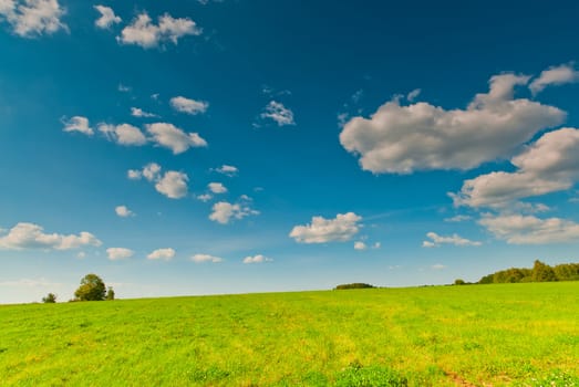 Beautiful view of green field and blue sky with clouds