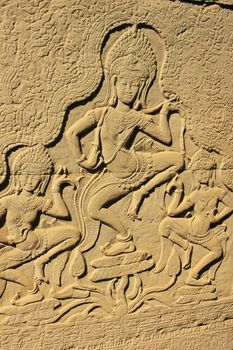 Apsara dancers wall carving, Bayon temple, Angkor area, Siem Reap, Cambodia