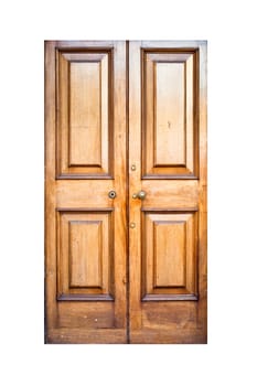 A tall wooden double door isolated on white