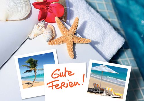 open book with starfish outdoor with swiming pool background