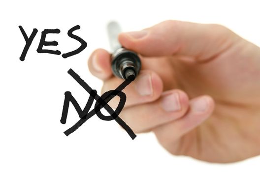 Detail of male hand choosing yes sign over no sign on a glass board.