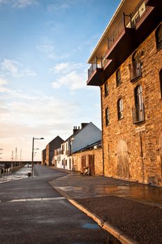 Buildings at Burghead harbour in Scotland in winter