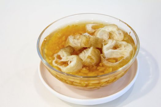Split Mung Beans Sweet Dessert (Tau Suan) with Fried Dough Fritters (You Tiao)
