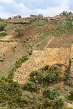 A village with several huts built along the hills near Wonchi area in Ethiopia