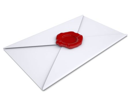 White envelope with a red seal. Isolated render on a white background