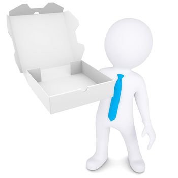 3d white man with an open box of a pizza. Isolated render on a white background