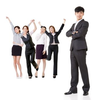 Cheerful business man and woman, full lenght portrait isolated on white background.