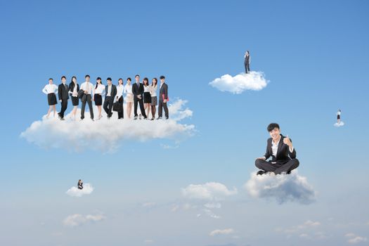 Asian businessman sit on cloud with confident and successful expression and give you an excellent gesture in front of his team.