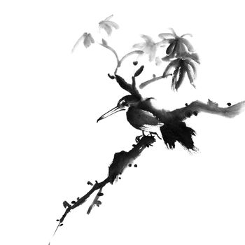 Chinese traditional ink painting bird on white background.