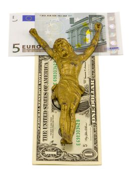 gold jesus crucify on euro and dollar banknotes isolated on white concept of world finance crisis ten euro and one dollar banknotes