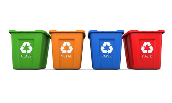 Colored empty recycle bins isolated on white background
