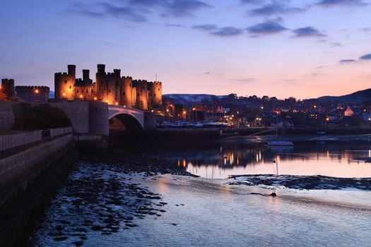 Conwy castle at dusk in north Wales UK