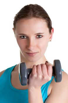 Woman working out with dumbbells at a gym, isolated in a white background