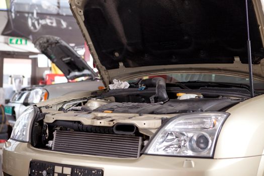 A car with a hood up in a professional auto repair shop